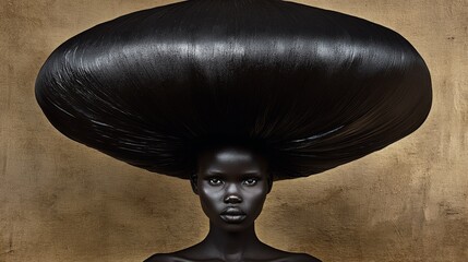 A woman with a large afro hat is the main focus of the image. The hat is black and covers most of her head. The woman's face is the only part of her body that is visible