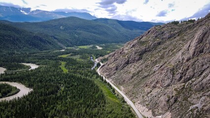 Scenic aerial view of meandres of Chuya River near Aktash village, Altai, Russia