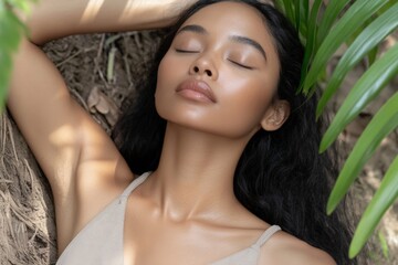 A woman is laying in the grass with her head resting on her hand. She has a natural, relaxed look on her face