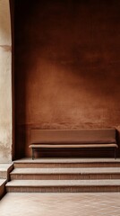 A brown bench is sitting on a brick staircase. The bench is empty and the staircase is empty. The image has a simple and minimalistic feel to it