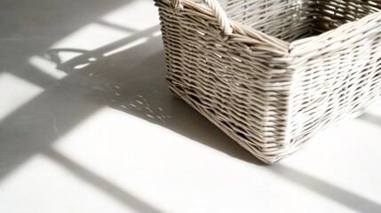 A basket is sitting on a white floor. The basket is white and has a wicker weave. The basket is in the sun, casting a shadow on the floor