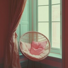 A pink chair with a white pillow sits in front of a window. The chair is in a corner of a room with a green wall. The window is open, letting in natural light. The chair and pillow create a cozy
