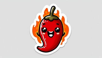 Fototapeta premium Cute and hot chili pepper character with flames, kawaii spicy food sticker.