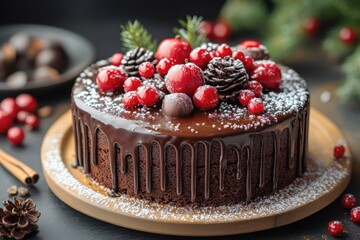 Chocolate cake topped with berries.