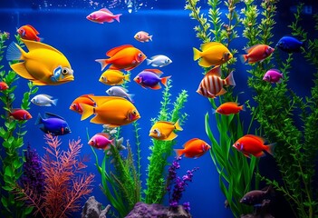 A vibrant fish tank, various colorful fish swimming amongst aquatic plants,  life,  coral