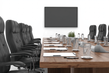 Modern empty conference room with a large wooden table, black leather chairs, and a wall-mounted screen, ready for a business meeting.