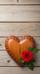 Wooden Heart with Rose on Wood.