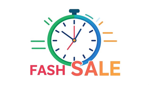 A colorful graphic featuring a stopwatch with clock hands at a time with "FASH SALE" text