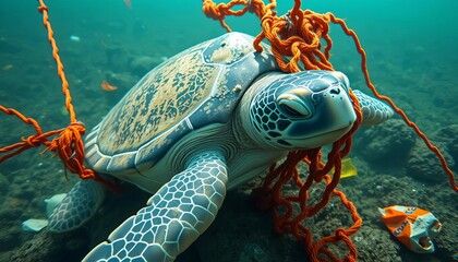 Sea turtle entangled in fishing net, ocean plastic debris visible,  animal,  struggle