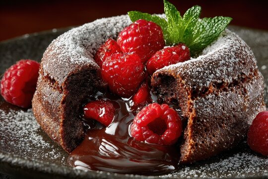 Decadent chocolate lava cake topped with fresh raspberries