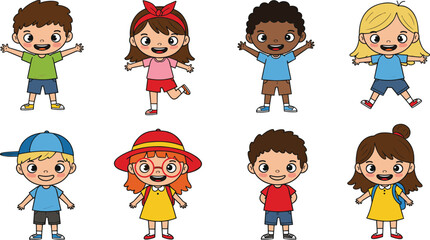 Cartoon children group illustration, happy kids characters, boys and girls standing, smiling, playing, friendship, childhood fun, school, kindergarten, education