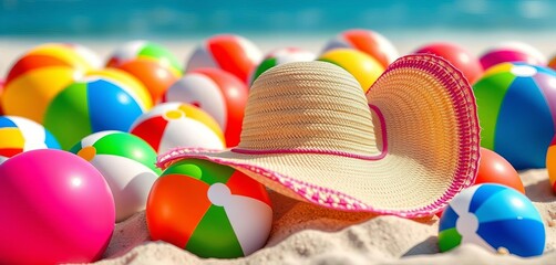 Vibrant beach hat amidst colorful beach balls on sunny sand, ocean, summer