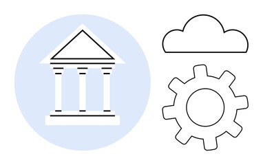 Classical building with columns, cloud, and gear representing governance, technology, and progress. Ideal for public administration, digitalization, innovation, policy modernization collaboration