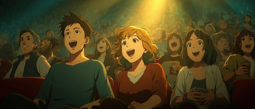 A lively scene of an animated audience enjoying a performance, showcasing excitement and joy in a vibrant theater setting. - Powered by Adobe