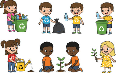 Cartoon children recycling bottles, planting trees, watering plants, eco friendly kids, waste management, environmental education, sustainability, nature care, save earth, green lifestyle