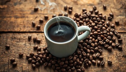 Steaming coffee in mug, coffee beans scattered on rustic wood, cafe culture, texture