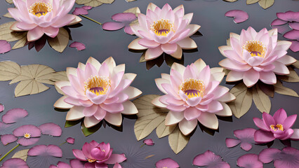Elegant pink lotus flowers floating on water with golden leaves — tranquil floral background