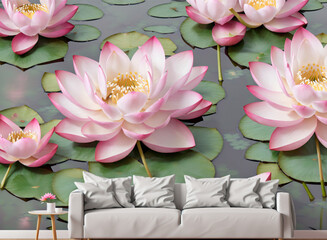 Modern interior with large lotus flower wallpaper and minimalist sofa