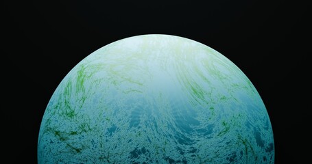 Render 3D de um planeta/exoplaneta azul com veios esverdeados e iluminação suave, recortado contra fundo espacial escuro.