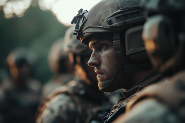 Professional army unit guarding civilians during a special operation. Modern military soldiers equipped for battlefield warfare, showcasing tactical readiness, protection, and action.