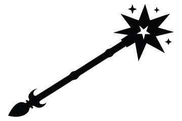 Black magic wand silhouette sparkles brightly with stars on a plain white background