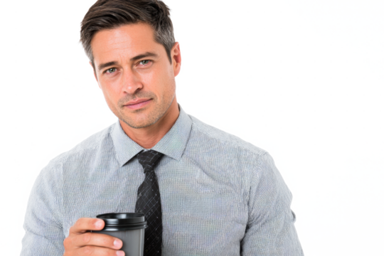 A handsome middle-aged businessman in a shirt and tie holds a coffee cup while looking at the camera against a white background.