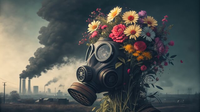 Gas Mask Filled With Flowers Representing Life In A Toxic World
