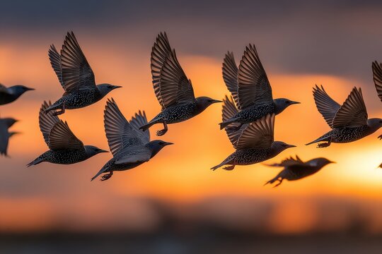 Flock of Starlings in Flight Against the Golden Sunset Sky
