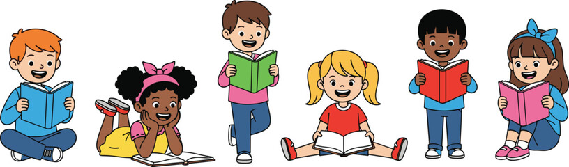 Happy diverse children reading books together, cartoon illustration of students studying, education and learning concept, kids enjoying colorful storytime, smiling faces