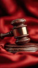 Judicial gavel resting on a wooden block with red fabric background