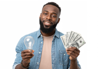 Man holding lightbulb and money, symbolizing idea monetization.