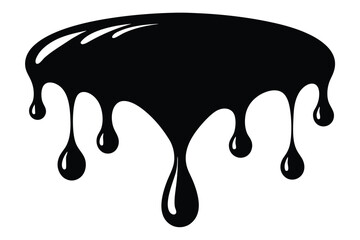 Thick black liquid drips downward, creating shining droplets against the plain white background