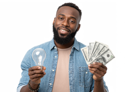 Man holding lightbulb and money, symbolizing idea monetization.