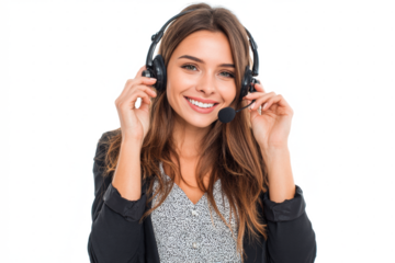 Portrait of a friendly young female customer service representative wearing a headset and smiling, isolated on a white background.