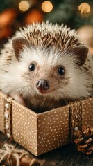 Cute hedgehog resting in a decorative box surrounded by holiday decorations during winter season