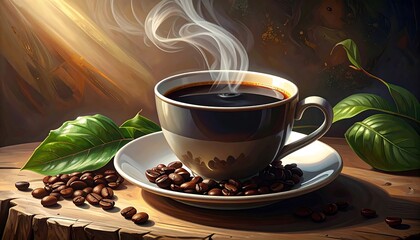 Aromatic coffee cup with steam, beans, and leaves on a wooden textured table