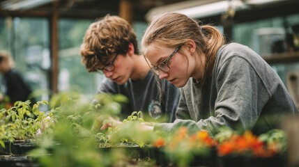 Two young botanists carefully tending to seedlings and plants in modern greenhouse, focused on sustainable gardening and agricultural research work
