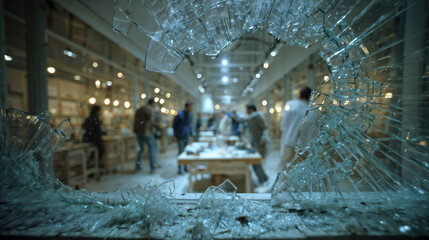 Dramatic shattered glass window view of busy retail store interior with blurred customers shopping, creating powerful visual impact and storytelling element