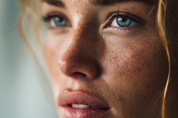 Fototapeta premium Close-up of a person's face with blue eyes and freckles