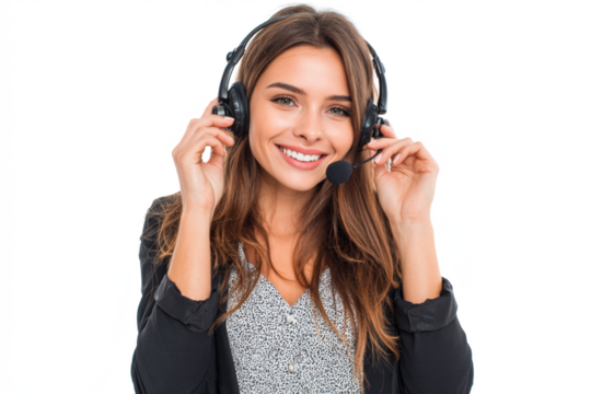 Portrait of a friendly young female customer service representative wearing a headset and smiling, isolated on a white background.