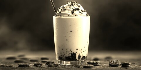 Creamy dessert blended with crushed cookies served in a glass against a rustic background