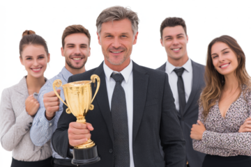 A proud businessman holds a golden trophy while his team celebrates behind him, signifying success and achievement in a professional setting.