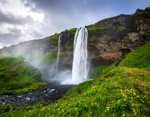 Dramatic waterfall cascading down a cliff face, surrounded by vibrant green grass and wildflowers
