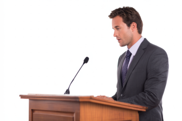 A man in a suit stands behind a wooden podium, delivering a speech with a microphone.