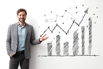A smiling businessman in a grey jacket presents a hand-drawn chart on a white wall showing positive growth and success.