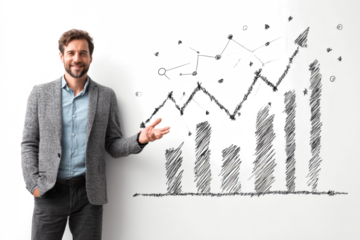 A smiling businessman in a grey jacket presents a hand-drawn chart on a white wall showing positive growth and success.