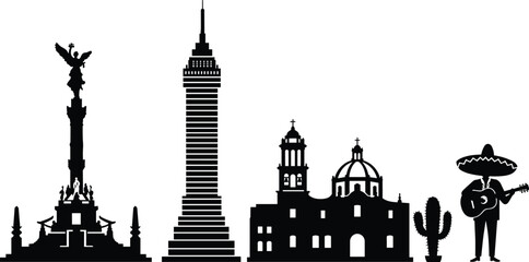 Mexico landmarks vector illustration with Angel of Independence, Torre Latinoamericana, colonial church, cactus plant, mariachi musician, cultural architecture and Mexican heritage silhouette design