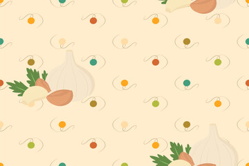 Organic Garlic Bulb and Cloves seamless background. Classic kitchen vector pattern.
