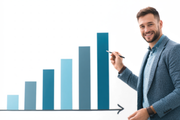 Smiling man pointing at a bar graph showing growth and success.