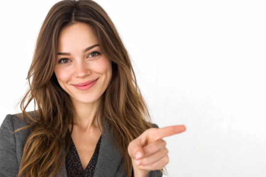 Smiling woman in a gray blazer points her finger towards the right side of the frame.